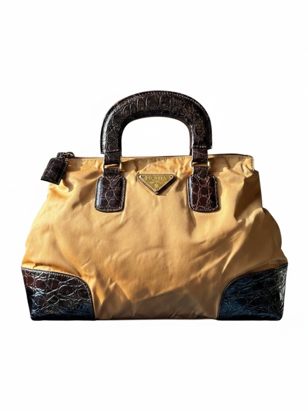 Prada Nylon & Croc-Embossed Leather Top Handle Handbag Beige/Brown